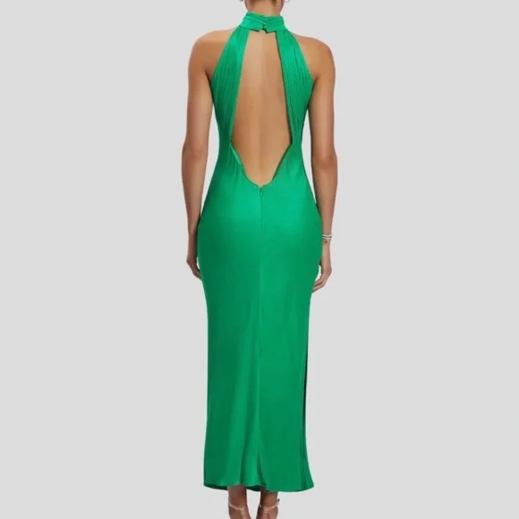 Meshki Claire Green Satin Drape Back Maxi Dress with Split - Picture 4 of 11